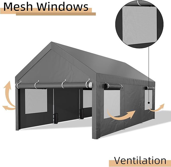 JY QAQA Carport, 12x20 FT Heavy Duty Carport with Removable Side Walls and Doors, Car Canopy with All-Season Tarp for Cars, Grey