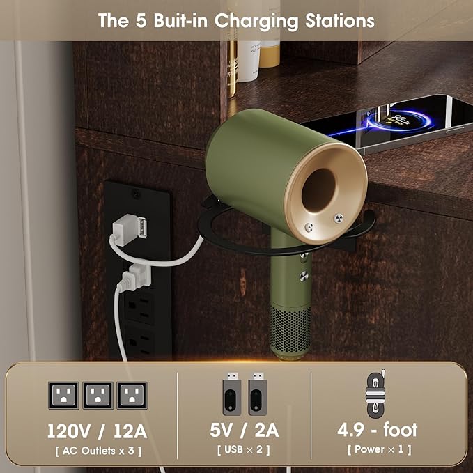 Vabches Makeup Vanity Desk, Vanity Mirror with Lights Desk and Chair,Makeup Table with 3 Large Drawers and 2 Cabinets, Time and Temperature Display, 3 LED Lighting Modes Adjustable, Brown