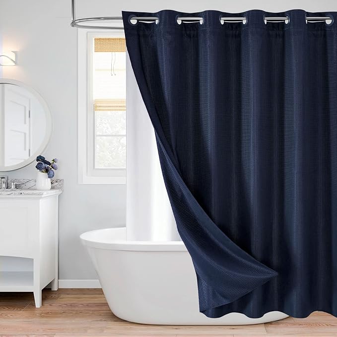 MitoVilla No Hooks Needed Extra Long Shower Curtain Set with Snap-in Liner, Navy Blue 86 inch XL Waffle Fabric Shower Curtains for Luxury Hotel Grade & Spa-Like Bathroom Decor