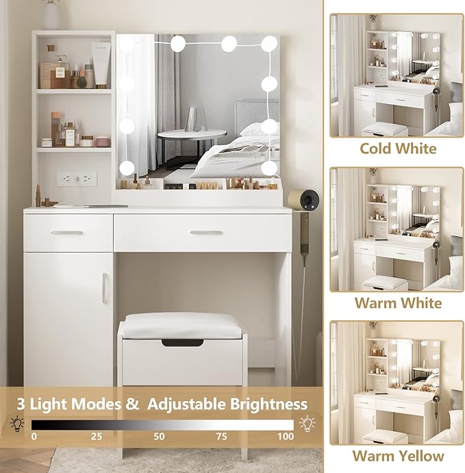 Fameill Makeup Vanity Desk with Lighted Mirror & Power Strip,White Vanity Table Set with Lights and Lots Storage,2 Drawer Makeup Table,3 Lighting Colors,35.4in(L)