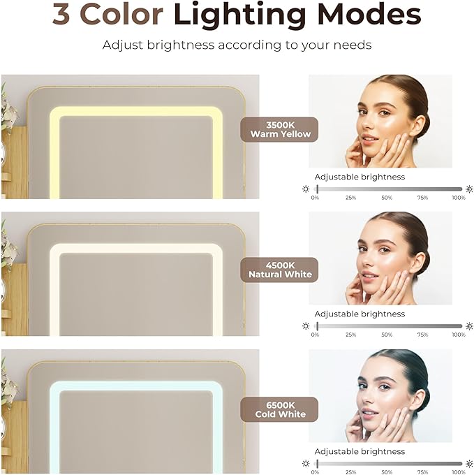 Small Vanity Desk, Makeup Vanity with Mirror and Lights, Vanity Desk with Drawer & 3 Storage Shelves, Wood Makeup Vanity Desk with Lights for Bedroom, Natural