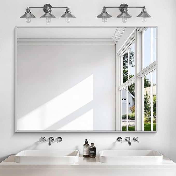 KOCUUY Silver Bathroom Mirror, 48"x36" Large Rectangular Mirror with Metal Frame, Brushed Nickel Vanity Mirror with Modern Design for Bathroom, Living Room, Entryway, Hang Horizontal/Vertical
