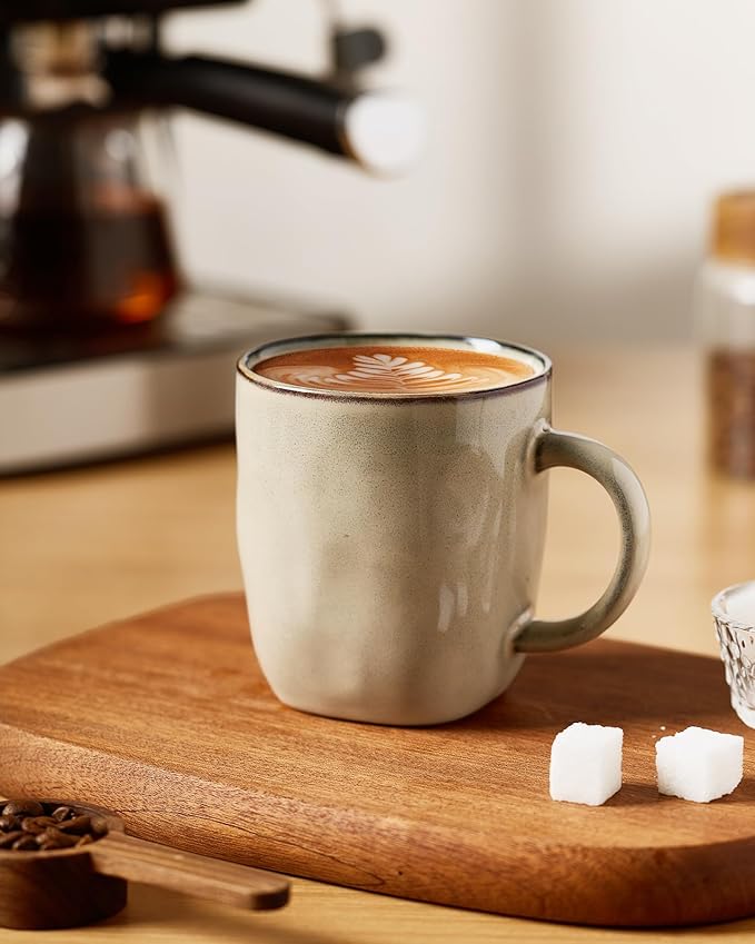 famiware Coffee Mugs Set of 4, Ocean Square 13oz Coffee Cup Set with Handle for Cocoa, Milk, Hot Chocolate, Tea, Water, Stoneware Cups for Kitchen, Microwave and Dishwasher Safe, Light khaki