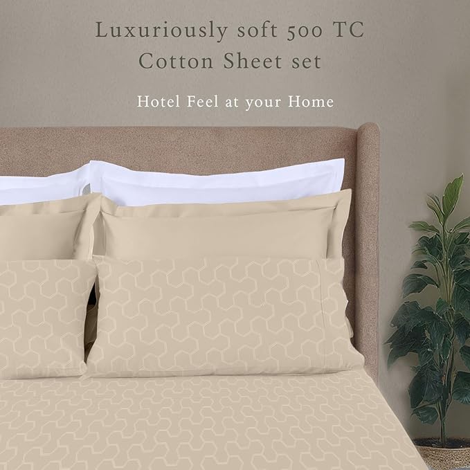 Threadmill 100% Cotton Sheets for King Size Bed | Damask Sateen All-Season 500Thread Count 4 Pc King Bed Sheets Set | Soft, Breathable Hotel Quality | Snug Fit Elastic Deep Pocket King Sheets | Beige