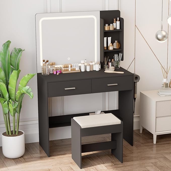 Makeup Vanity with Lighted Mirror & Electrical Outlet - 2 Shelves, 2 Drawers, Bottom Storage - Comes with Upholstered Stool （Black）