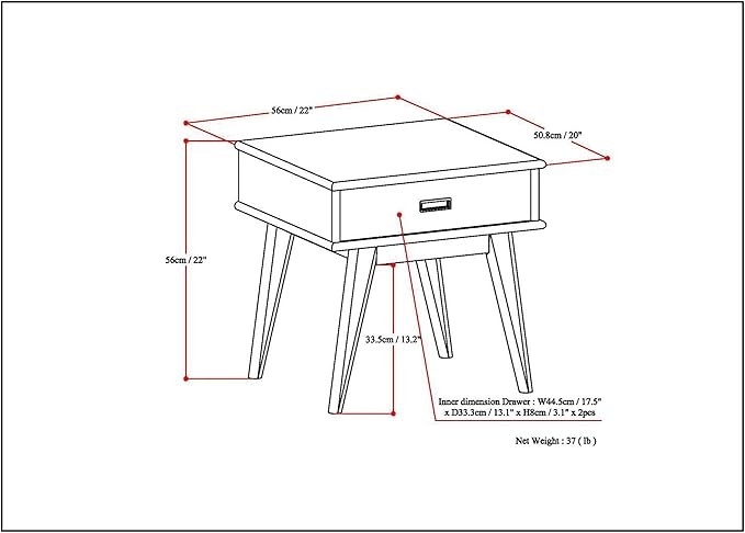 SIMPLIHOME Draper SOLID HARDWOOD 22 inch Wide Rectangle Mid Century Modern End Table in Medium Auburn Brown for the Living Room and Bedroom