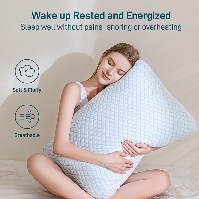 Shredded Memory Foam Cooling Soft Pillow Queen Size, Adjustable Hypoallergenic Hotel Quality Pillow for Back, Stomach and Side Sleeper, Bamboo Viscose Cover, Oeko-TEX Certified