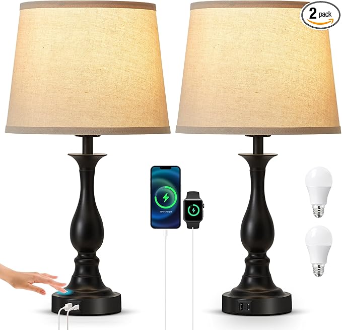 Bedside Table Lamp Touch Control Bedroom Lamps with USB-C USB-A Charging Port 3 Way Dimmable Touch Lamps for Nightstand Living Room Bedroom Dorm Home Office Reading, Set of 2