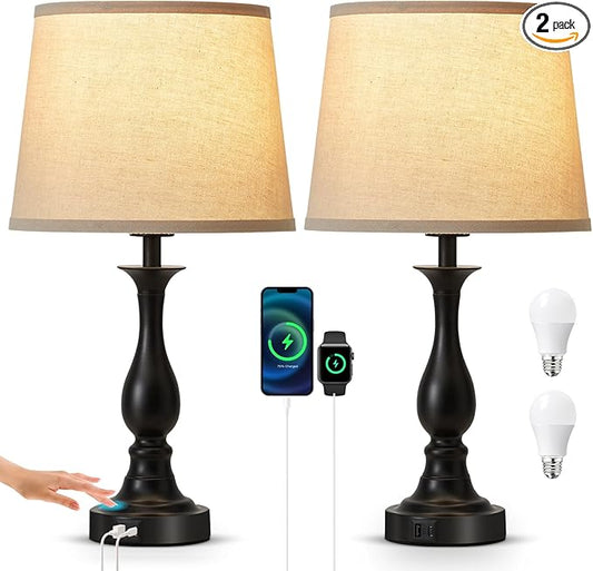 Bedside Table Lamp Touch Control Bedroom Lamps with USB-C USB-A Charging Port 3 Way Dimmable Touch Lamps for Nightstand Living Room Bedroom Dorm Home Office Reading, Set of 2