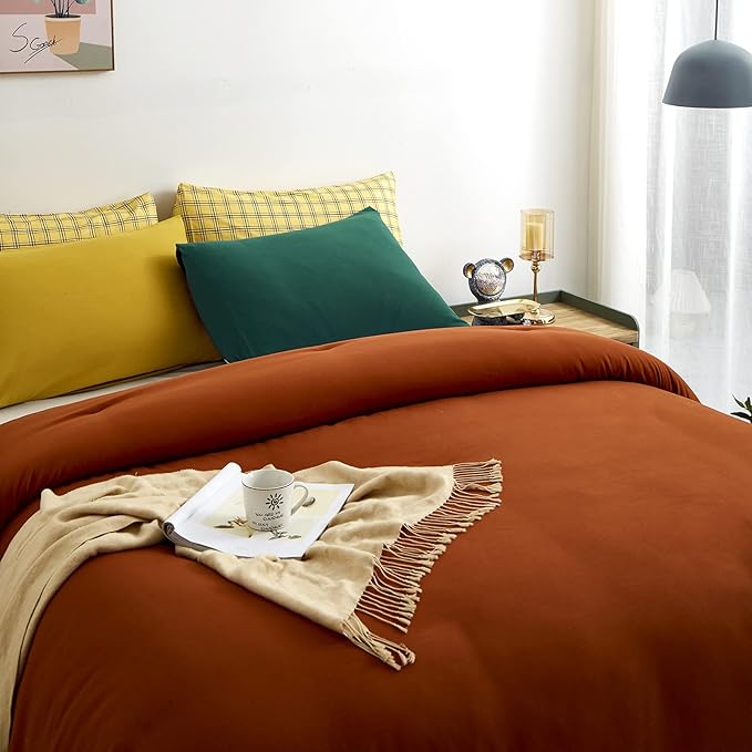 Luxlovery Burnt Orange Comforter Set Queen Rust Bedding Comforter Set Full Caramel Cozy Blanket Quilts Solid Color Reddish Brown 3 Piece Comforter Set for Women Men