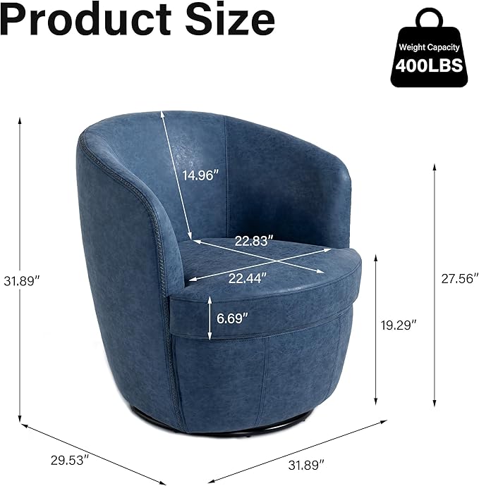 Swivel Barrel Chair, Modern Round PU Leather Accent Armchair for Living Room, Bedroom, Comfy Club Reading Chairs for Adults (Leather Navy Blue, Set of 2)