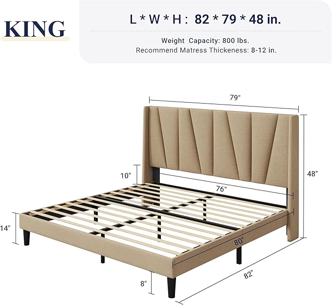 Allewie King Size Platform Bed Frame with Geometric Wingback Headboard, Modern Upholstered Bed with Wooden Slats Support, No Box Spring Needed, Easy Assembly, Beige