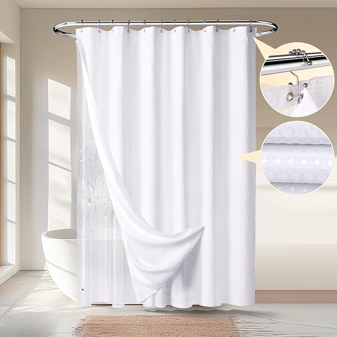 River Dream Waffle 3 in 1 Shower Curtain Set, White Fabric Shower Curtain and Clear Liner Set with Double Sided Hooks, Waterproof, 72" W*72" H