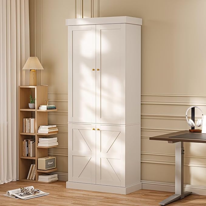 Vyre 70.8" Tall White Bookshelf with Doors, Farmhouse Modular Bookcase with 4-Tier Adjustable Shelves, Large Storage Cabinet for Home Office, Living Room