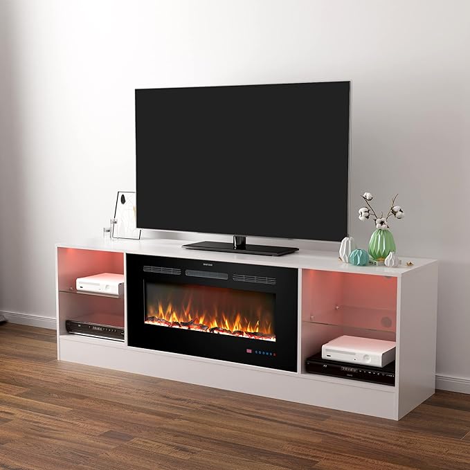 Fireplace 72" TV Stand, Entertainment Center with 36" Electric Fireplace, LED Light Wood Storage Cabinet Table, Media Console for TVs Up to 80", Thermostat, 13 Flame Colors, White