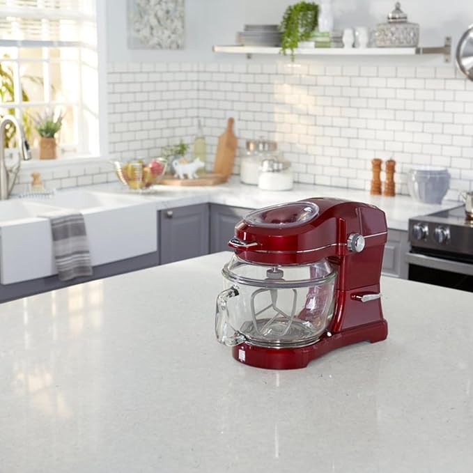 Kenmore 500W Oviation Stand Mixer - 10 Speed Mixing, Tilt-Head, Handheld Glass Bowl With Pouring Top Splash Guard, Flat Beater, Whisk, Dough Hook Attachments Countertop Kitchen Appliance, 5QT Red