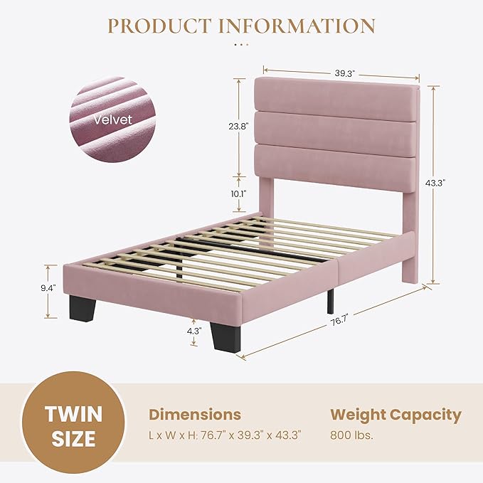 SHA CERLIN Twin Platform Bed Frame with Velvet Upholstered Headboard, Mattress Foundation with Strong Wooden Slats Support, No Box Spring Needed, Pink