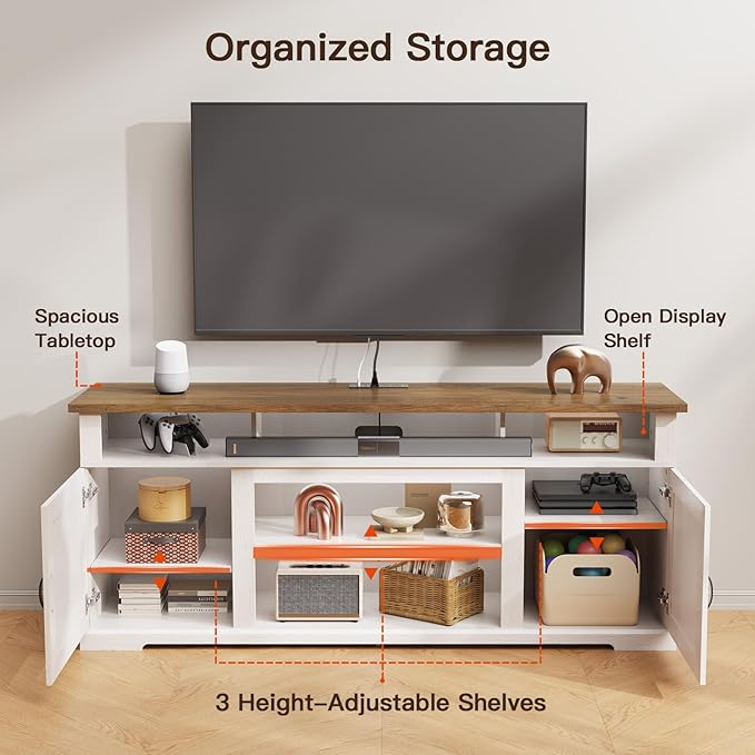 Amada Farmhouse TV Stand for TVs Up to 80 inches, Modern Entertainment Center TV Stand with Drawers Storage Cabinets, Adjustable Shelves, Rustic Media TV Console Table for Living Room, Bedroom, White