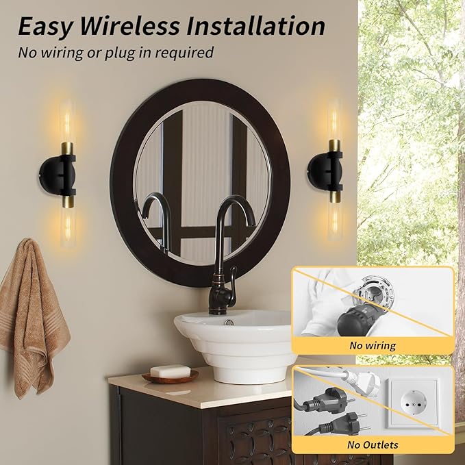 Rechargeable Battery Operated Wall Sconce Set of 2, Dimmable Wall Light with Touch Control, Wireless Bathroom Vanity Lights Over Mirror, Modern Wall Lamp for Living Room Hallway, Black Gold