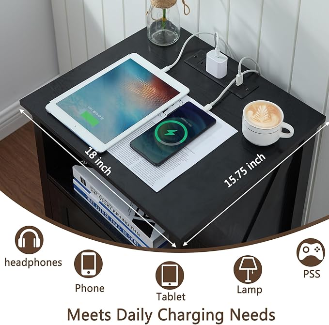 Farmhouse 2 Drawers Dresser for Bedroom, Rustic Small Chest of Drawers with Charging Station, Wood End Table with Open Shelf, Black Modern Nightstand for Bedroom, Living Room, Entryway