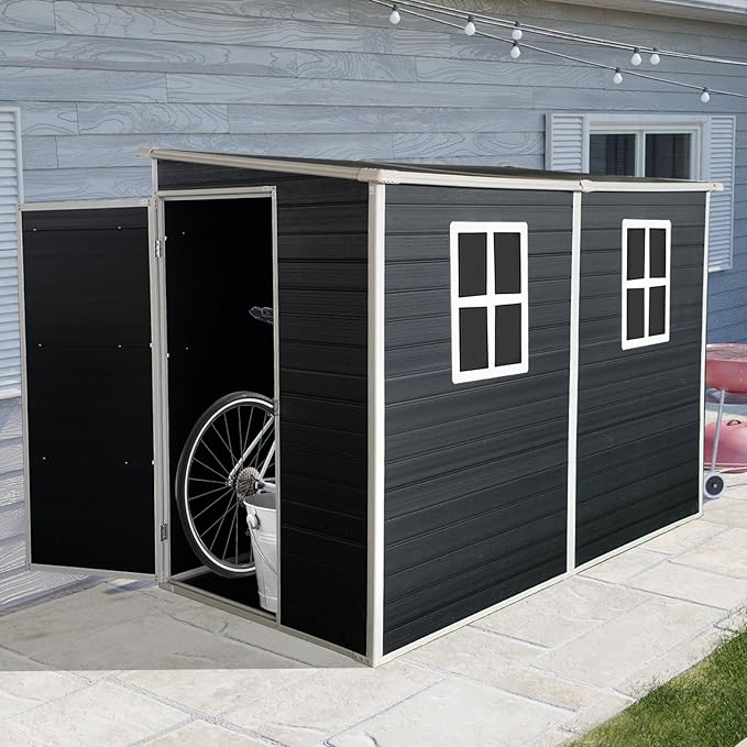 4x8 FT Outdoor Storage Resin Shed with Floor, Waterproof Plastic Garden Tool Shed with Windows, Vents & Lockable Door and Sloped Roof, Easy to Assemble Bike Shed for Patio, Backyard, Lawn, Black