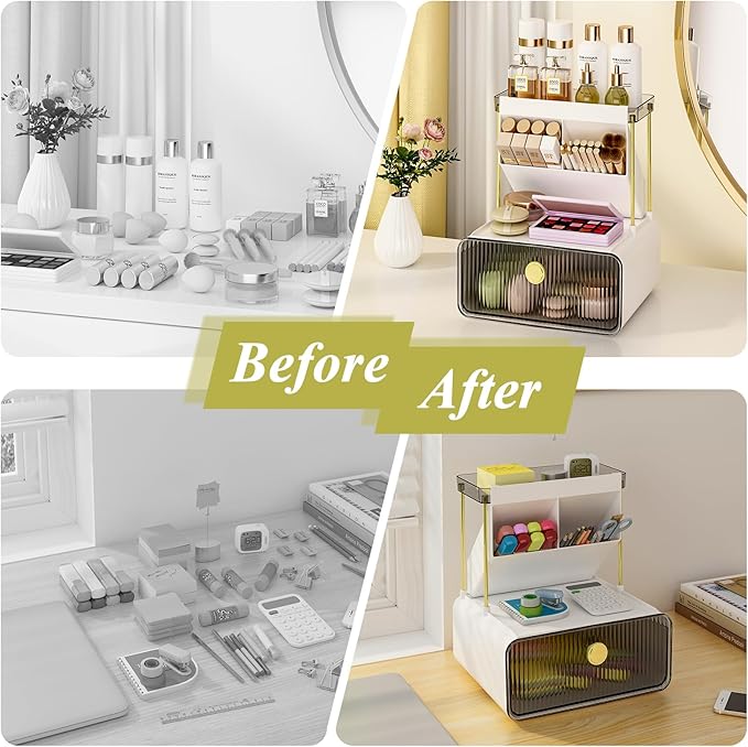 FOLLOWIN Bathroom Counter Organizers and Storage with Drawer,Cosmetic Organizer with Make Up Brush Holder,Perfume Makeup Shelf,3-Tier Vanity Storage,Smoky Gray