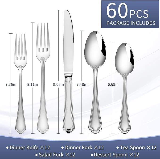 18/10 Stainless Steel Silverware Sets for 12, 60 Piece Flatware Set, Rustic Silverware Set, Pretty Silverware Set, High end Silverware, Ideal For Gift