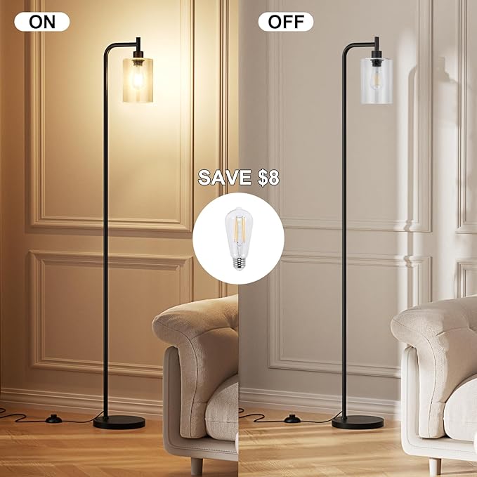 Floor Lamps for Living Room - Standing Lamp with Seeded Glass Shade, Modern Floor Lamp with LED Bulbs, Industrial Floor Lamp for Bedroom, Black Tall Lamp for Office(Light Bulb Included)