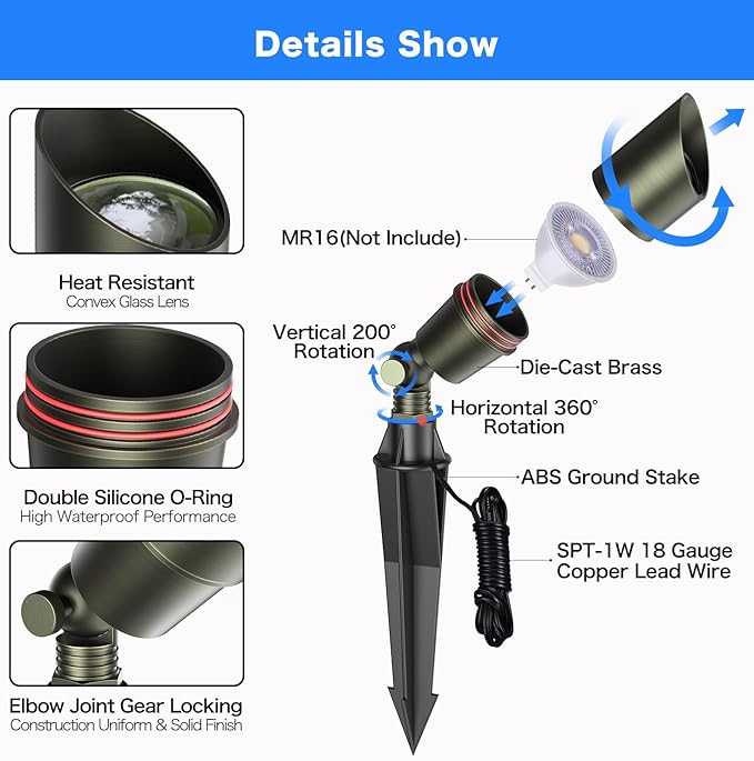 Low Voltage Landscape Lighting, 12V Brass Landscape Lighting Solid - Heavy Duty Waterproof Outdoor Up Lighting for Garden, Yard, Trees, Path & Deck - Bronze Accent Lighting, 4 Packs(No Bulb)