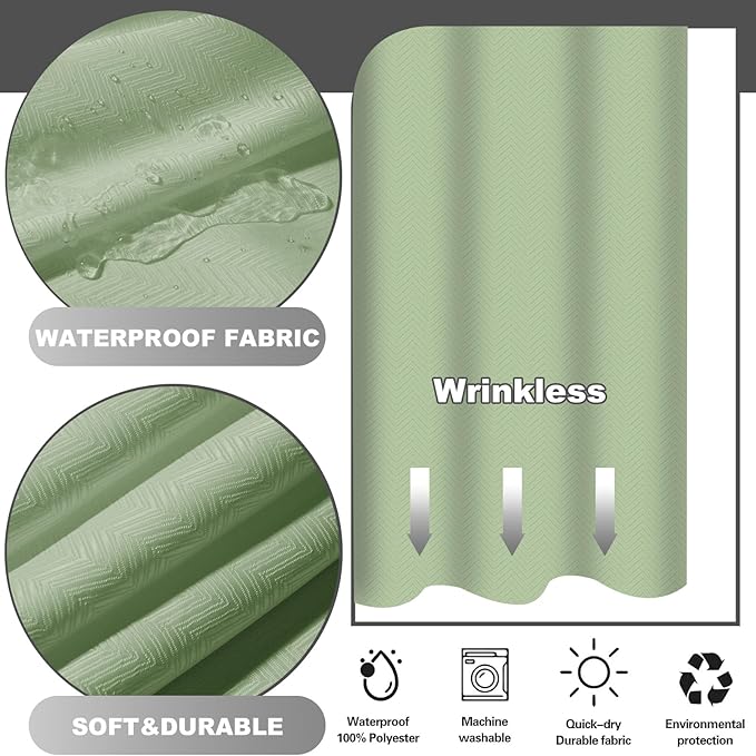 No Hook Shower Curtain with Snap in Fabric Liner Set, Sage Green Chevron Shower Curtain for Bathroom, Washable and Water Repellent, See Through Mesh Top Window, 71x74 Inches