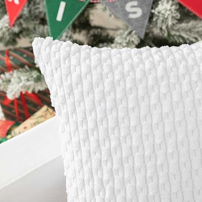Kevin Textile Pack of 2 Velvet Pillow Covers Striped Throw Cushion Case Set Accent Corduroy Lumbar Pillowcases with Hidden Zipper for Home Decor Indoor Outdoor (12x20 Inch Pure White)