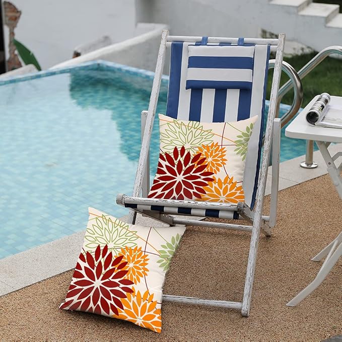 Red Orange Fall Pillow Cover 16X16 Inch Set of 2 Outdoor Waterproof Floral Orange Decorative Pillowcase Decor for Couch Patio Funiture Garden Print Polyester Cushion Cover 01N18