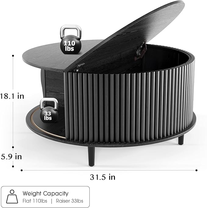 Round Coffee Table with Storage,31.5" Mid Century Modern Coffee Table with Hidden Compartment,Fluted Center Table for Living Room,Home Small Space,Black