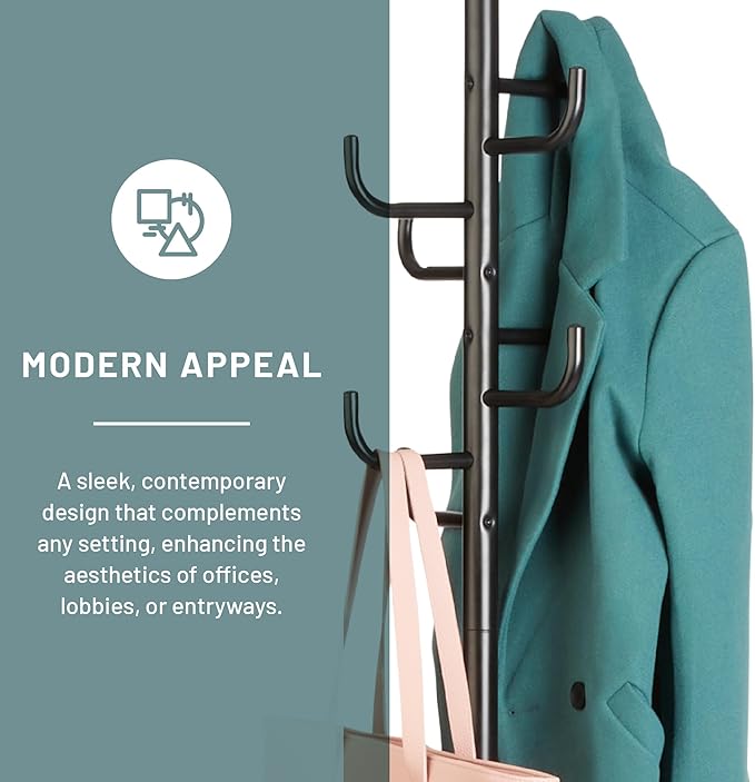 Safco Hook Head Coat Rack, Freestanding Hat and Jacket Hanger with 8 Rounded Edge Hooks, Durable Black Powder Coat Finish