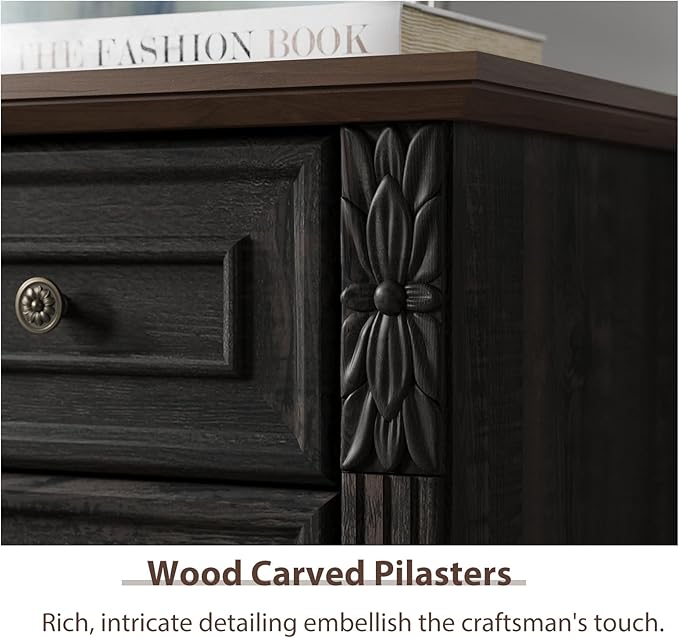 Farmhouse 6 Drawers Dresser, Wood Dressers for Bedroom, Tall 6 Chset of Drawers with Carved Wood Pilasters, Rustic Dressers Organizer for Bedroom, Hallway, Black