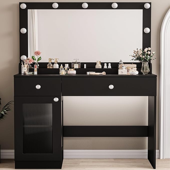 Vanity Desk with Large Mirror and Lights, 39.4'' Glass Top Makeup Vanity with RGB Cabinet Drawers Power Outlet 3 Color Light Modes Brightness Adjustable Vanity Dressing Table for Bedroom Black