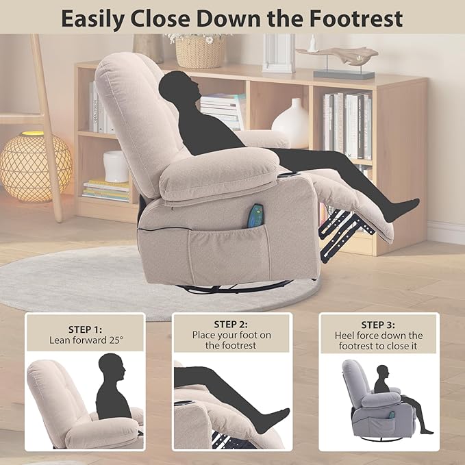 Massage Recliner Chairs for Adults, Rocker Recliners with Massage and Heat, Fabric Overstuffed Swivel Glider with Cup Holder Side Pocket, Manual Rocking Sofa Chair for Living Room, Beige