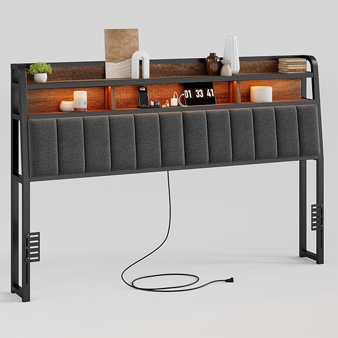 Ergonomic Headboard for King Size Bed with 2-Tier Storage, Upholstered Headboards with Outlets, USB Ports, LED Light, King Head Board Only, Height Adjustable, Sturdy and Stable, Black & Brown