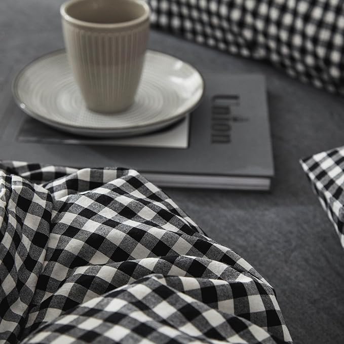 mixinni Black Gingham Comforter Set Twin XL, Plaid Comforter Set 3 Pieces 1 Black Grid Comfoter with 2 Pillow Cases for All Seasons, Soft Fluffy Modern Grid Pattern Printed Bedding-Twin XL Size