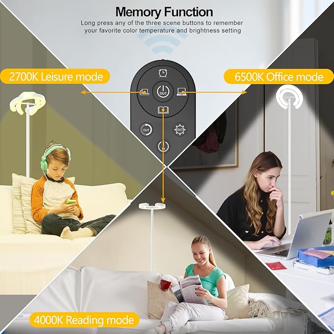 Torchiere Floor Lamp for Bedroom, 75.5 Inch Tall Corner Standing Lamp for Living Room with Rotatable Ring Lights, 36W Bright Dimmable LED Floor Light with Remote Control for Reading Office