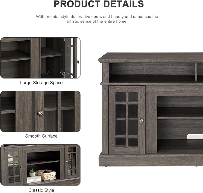 HMFULE 58" TV Stand with Storage for 55 60 65 inch Television, Entertainment Center 2 Glass Doors & Adjustable Shelves, Engineered Wood Modern Farmhouse Living Room Bedroom Furniture (Dark Walnut)