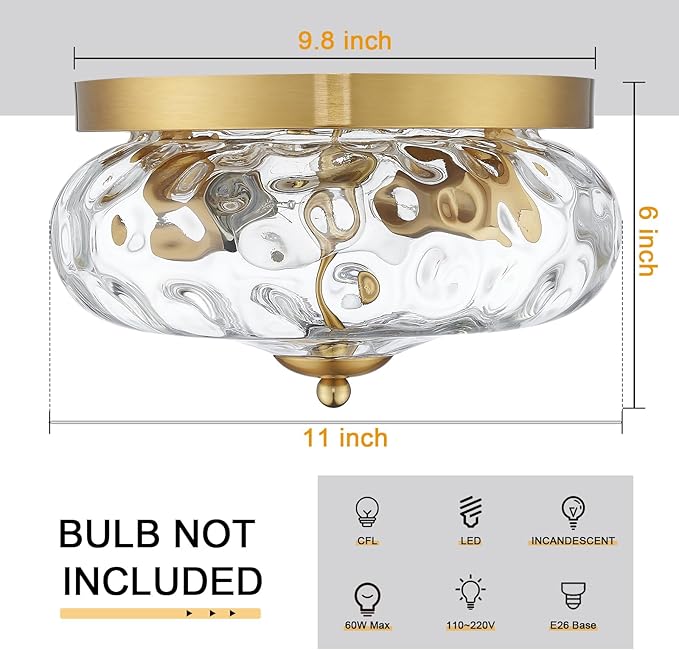 Darkaway Ceiling Light Fixtures Flush Mount Indoor Outdoor Ceiling Light with Water Ripple Glass Shade for Hallway Kitchen Bedroom Porch Living Room Gold Finish