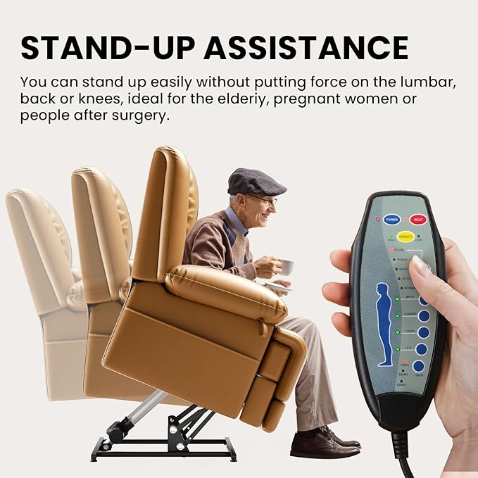 Large Dual Motor Power Lift Recliner Chair with Massage and Heat for Elderly People, Infinite Position,USB Ports and Remote Control,Breathable Leather (Light Brown)