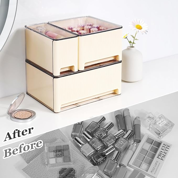 Stackable Makeup Organizer, 3 Pack Plastic Drawer Storage with Handle for Vanity Bathroom Countertop, Cream