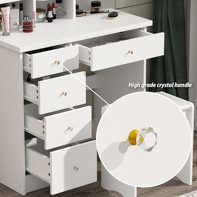 ECACAD Vanity Desk, Vanity Table Set with LED Lighted Mirror, Makeup Vanity Dressing Table with Drawers, Storage Shelves, Crystal Handles and Cushioned Stool, White