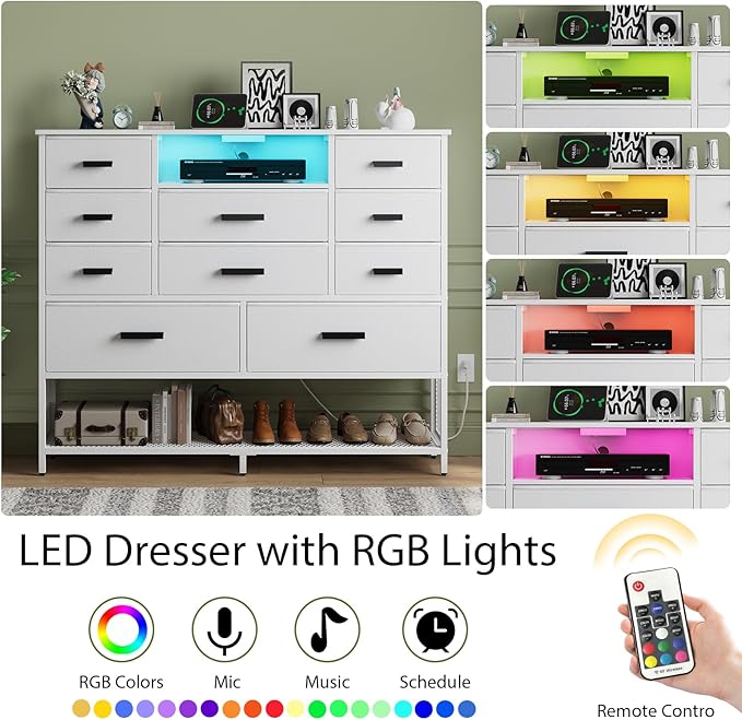 White Dresser for Bedroom, Fabric Chest of Drawers with Charging Station and LED Light, TV Stand Dresser with Shelves for 55" TV, 10 Drawers Dressers with PU Finish for Living Room, Closet