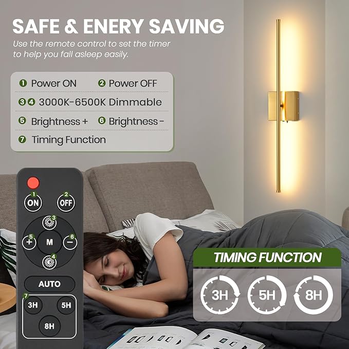 Rechargeable Battery Operated Wall Sconces, 11000mAh Wireless Brushed Gold Wall Lights with Remote Control, 350°Rotate Dimmable Wall Lamp, 3 Color Temperatures, for Bedroom Living Room Hallway, 1 PCS