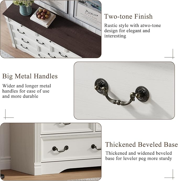Yaamizz Farmhouse Dresser for Bedroom, 60" Wide 10 Drawer Dresser Storage with Wood Pilasters & Metal Handles, Vintage Design, Drawer Organizer for Bedroom, Hallway, White
