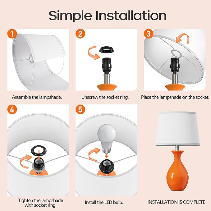 PARTPHONER Table Lamp Set of 2, Modern Ceramic Bedside Lamps for Night Stands, Classic Small Lamp Nightstand Lamp for Bedroom Living Room Desk End Table Rocker Swtich Orange