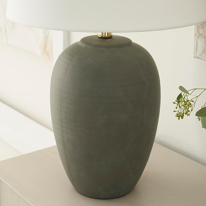 Nourison Home 23" Olive Green Ceramic Pot Table Lamp for Bedroom, Living Room, Dining Office, with White Tapered Drum Shade